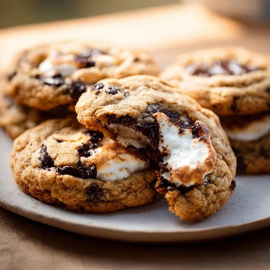 Delicious Vegan S'mores Cookies on a plate with chocolate and marshmallows
