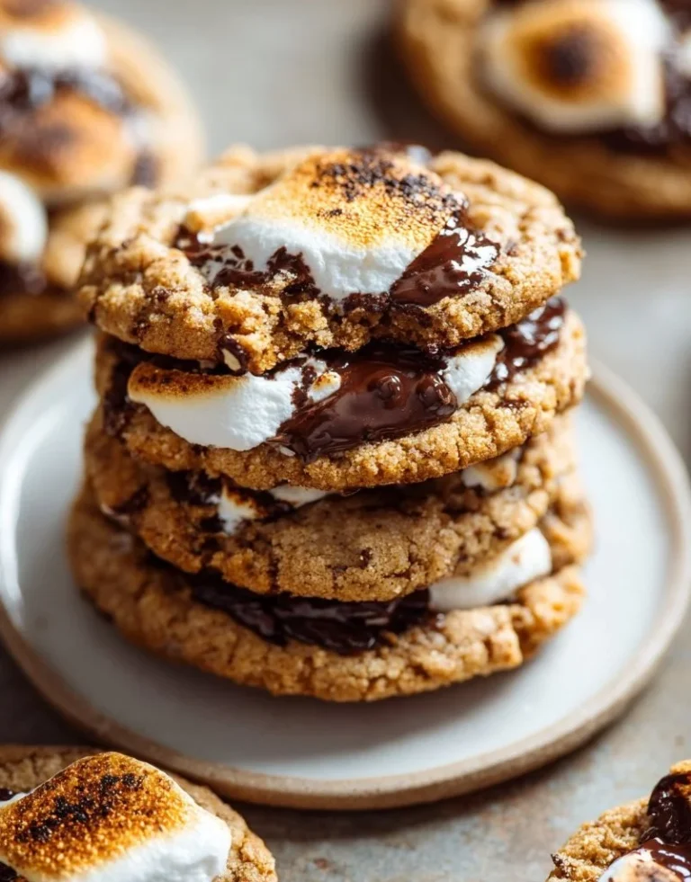 Delicious Vegan S'mores Cookies arranged on a plate with chocolate and marshmallows.