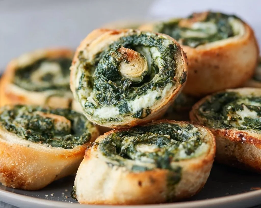 Plate of delicious vegan spinach rolls filled with fresh spinach and herbs.