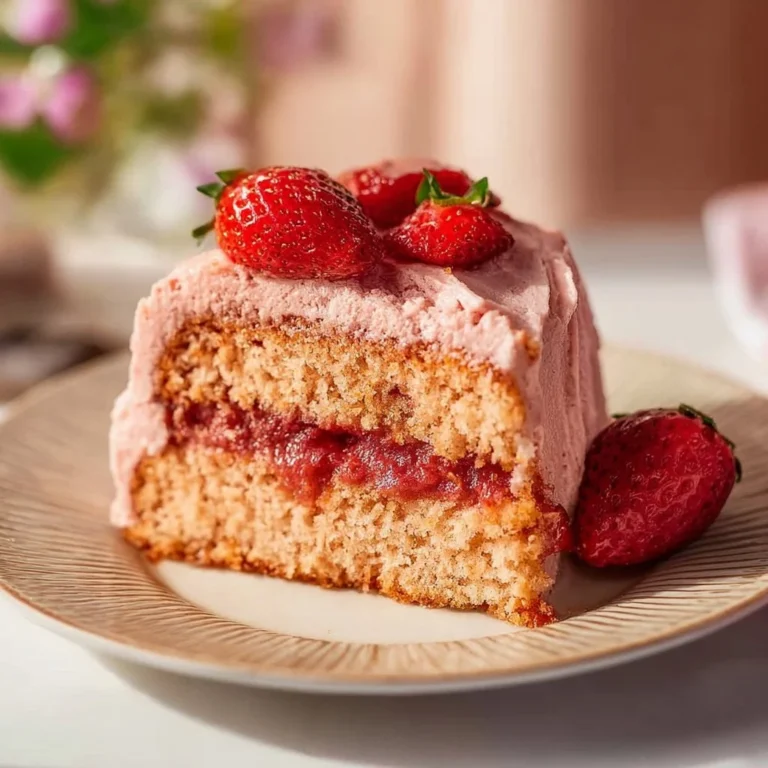 Delicious vegan strawberry cake topped with fresh strawberries and whipped cream.