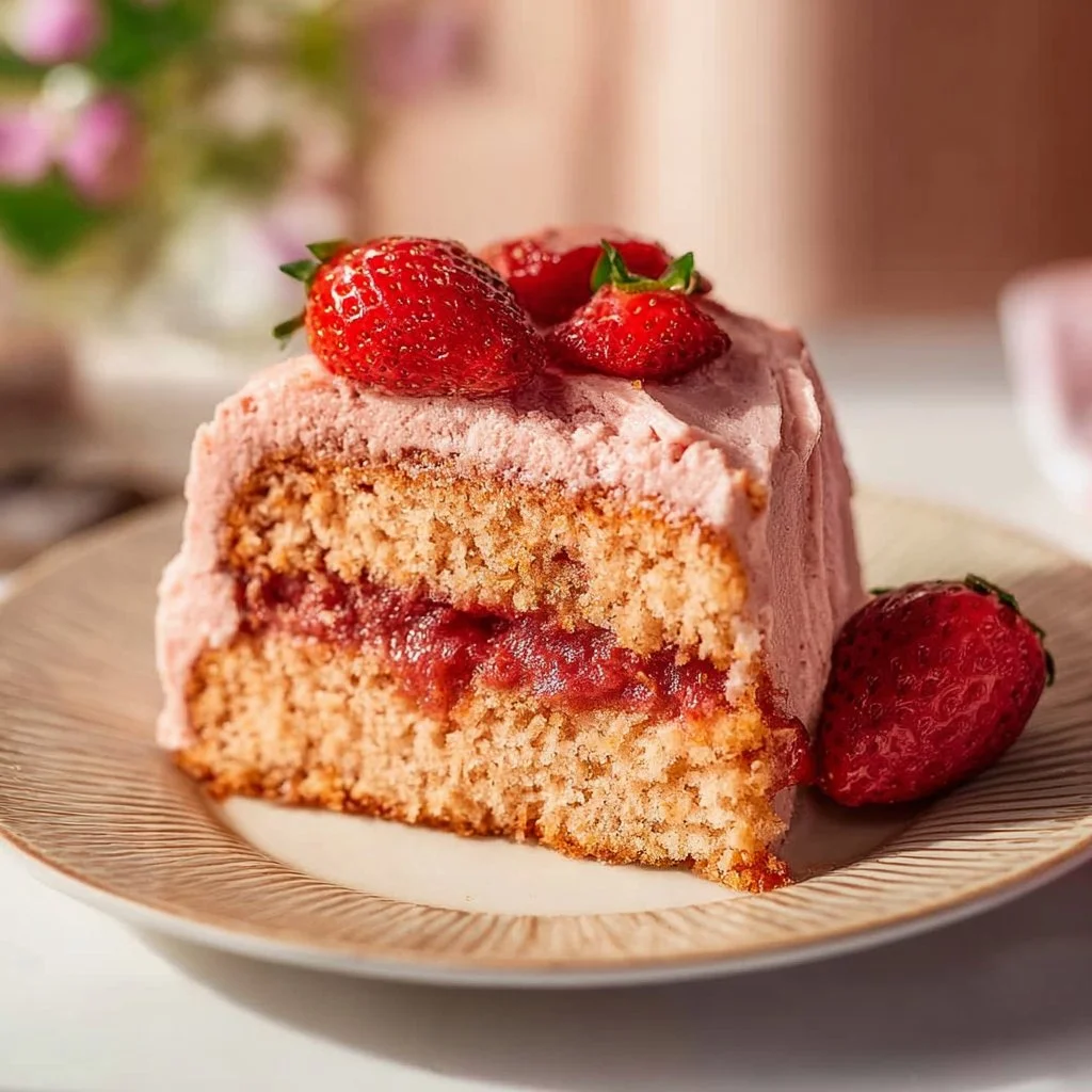 Delicious vegan strawberry cake topped with fresh strawberries and whipped cream.
