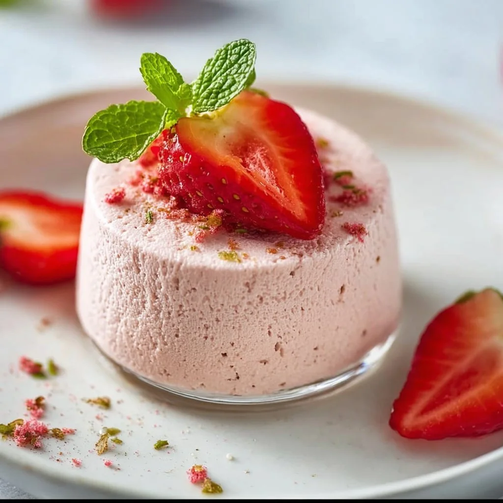 Delicious vegan strawberry mousse dessert garnished with fresh strawberries
