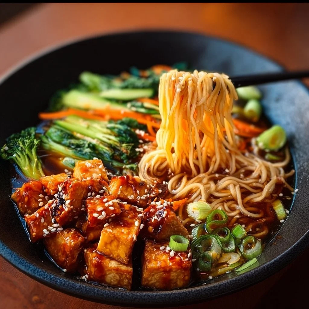 Delicious Vegan Teriyaki Noodle Bowl with fresh vegetables and teriyaki sauce