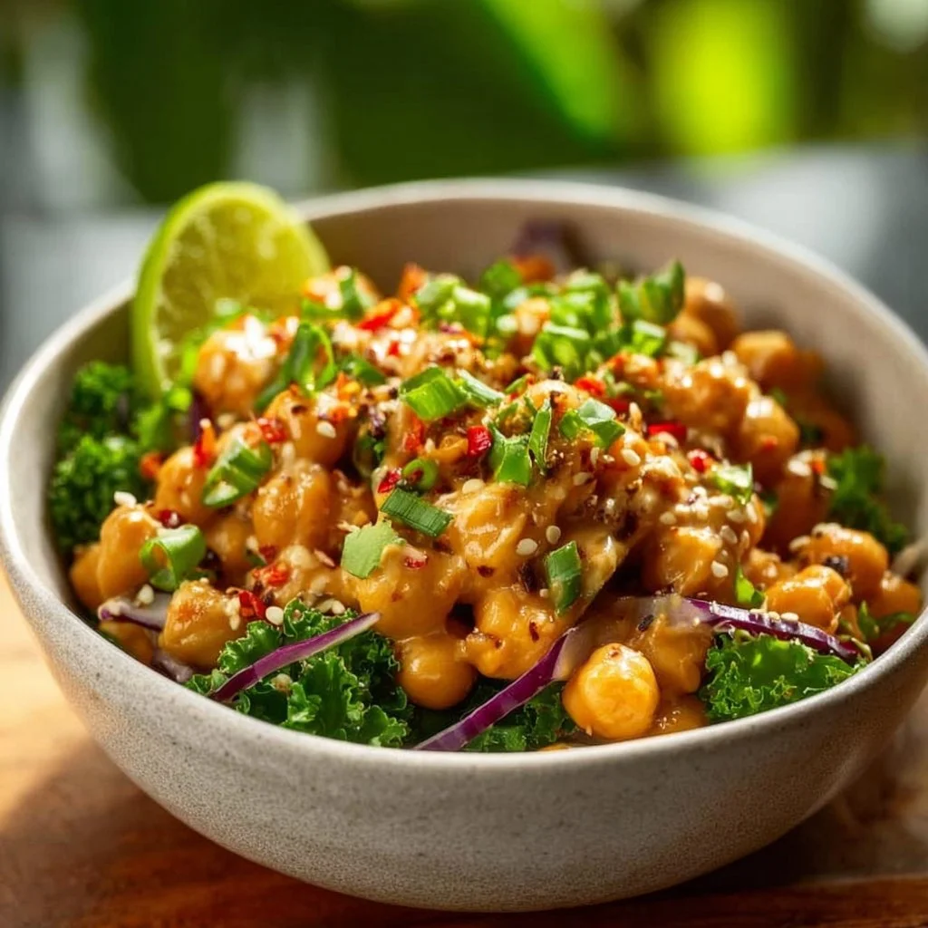 Vegan Thai Peanut Chickpea Bowls topped with fresh vegetables and peanut sauce