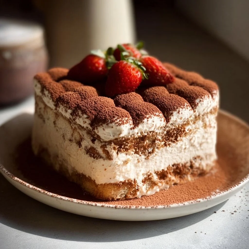 Delicious Vegan Tiramisu Cake with layers of coffee-soaked sponge and creamy filling