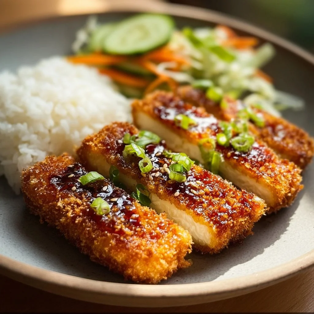 Crispy Vegan Tofu Katsu served with a side of dipping sauce