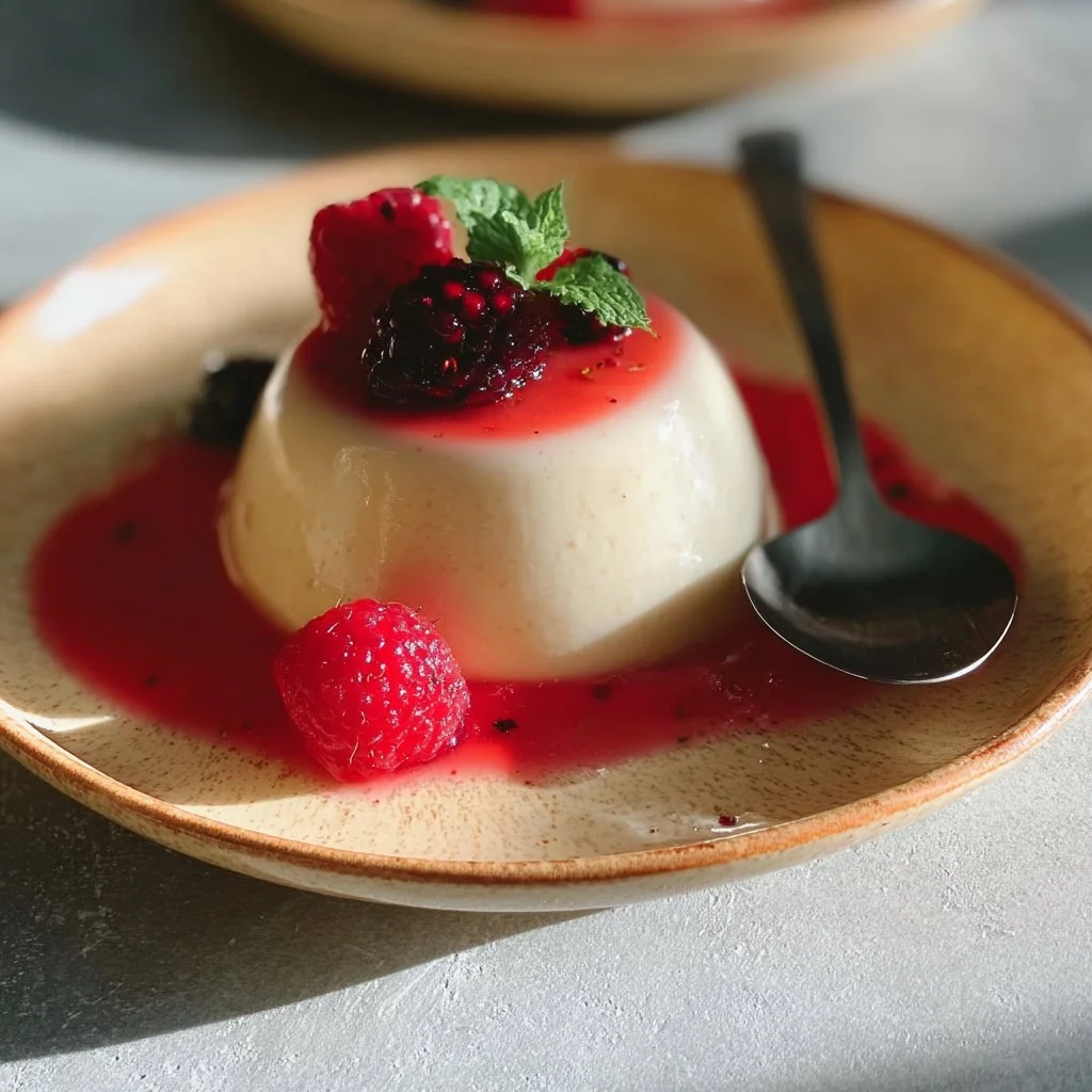 Vegan Vanilla Panna Cotta served in elegant dessert cups with fresh berries