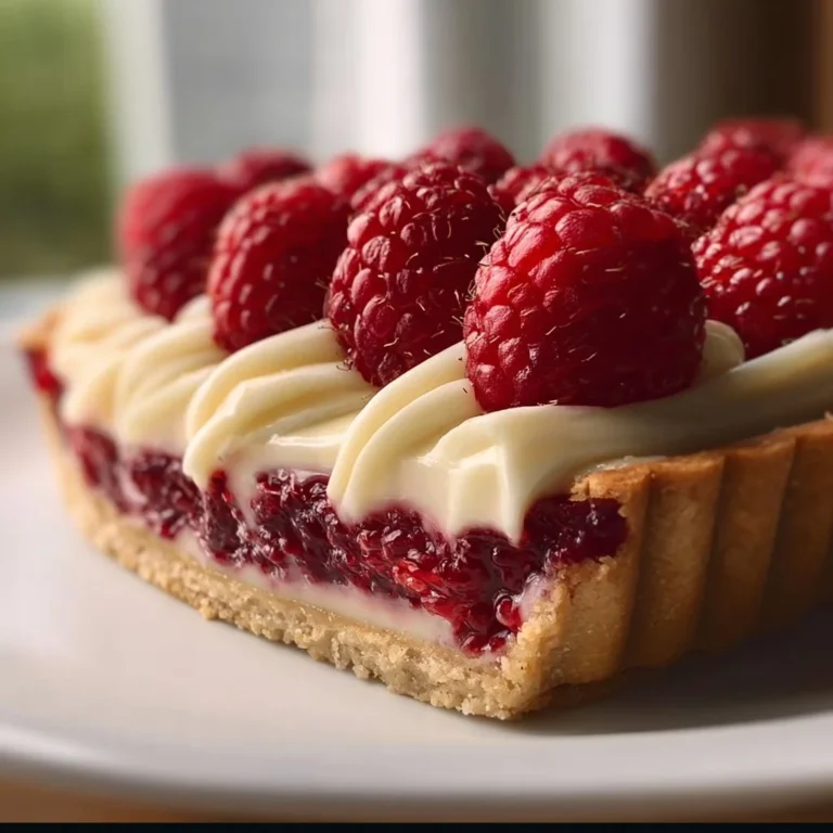 Vegan White Chocolate Raspberry Tart garnished with fresh raspberries and vegan white chocolate