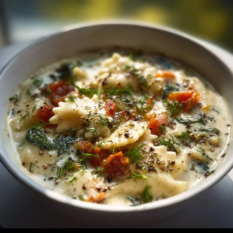 Bowl of Vegan White Lasagna Soup topped with fresh basil and vegan cheese