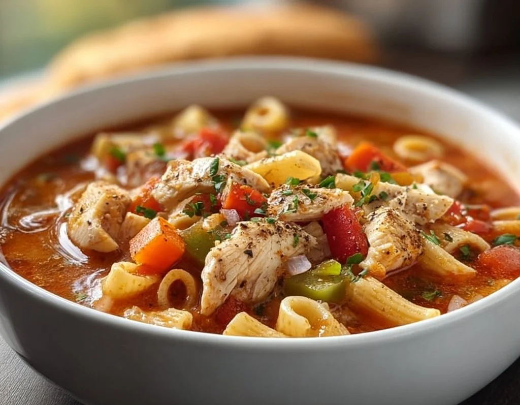 Bowl of delicious Cajun Chicken Pasta Soup with colorful ingredients