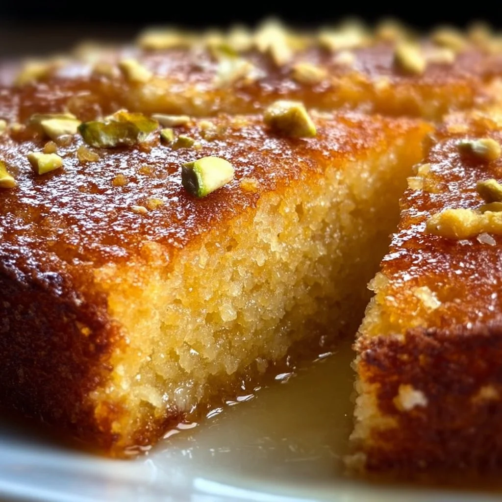 Delicious Cardamom Semolina Cake served on a rustic wooden table