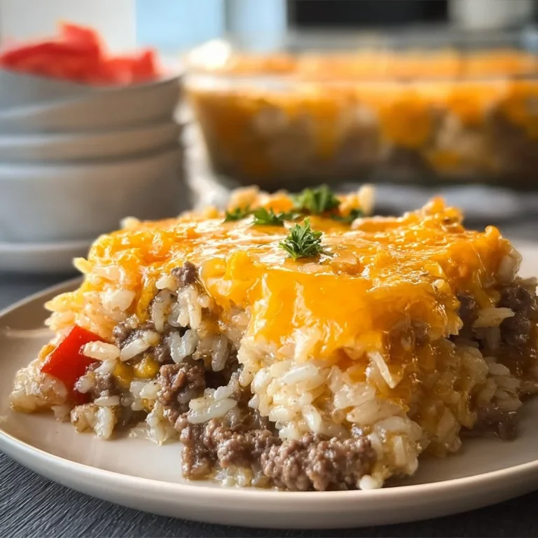 Cheesy Hamburger Rice Casserole served in a bowl with melted cheese and herbs