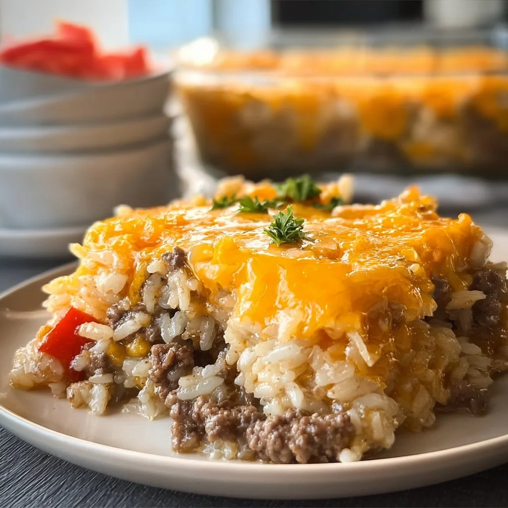 Cheesy Hamburger Rice Casserole served in a bowl with melted cheese and herbs