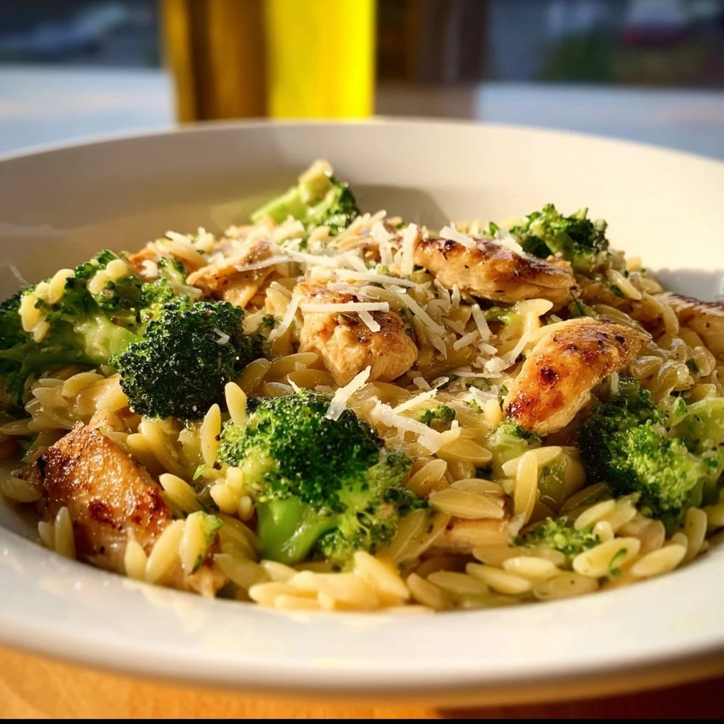 A bowl of Chicken Broccoli Orzo with vibrant greens and tender chicken.