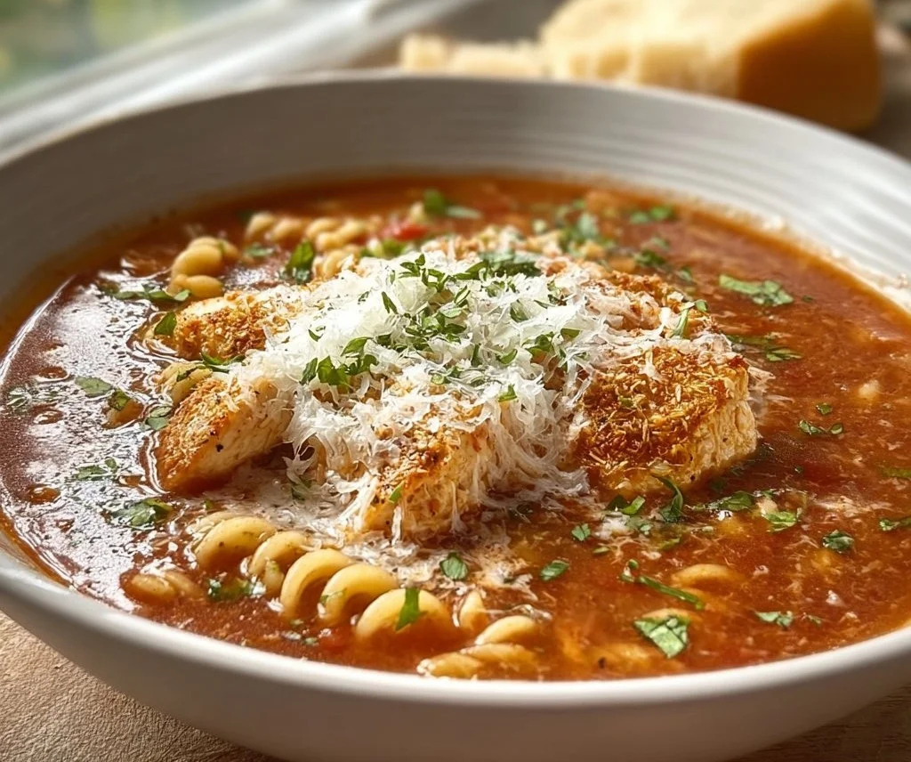 Bowl of delicious Chicken Parmesan Soup topped with melted cheese and herbs