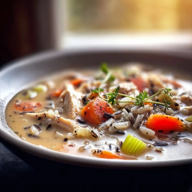 Bowl of homemade Chicken Wild Rice Soup garnished with herbs.