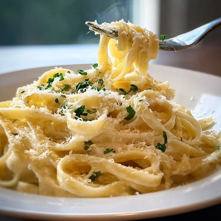 Delicious creamy linguine served in a bowl with fresh herbs and parmesan cheese.