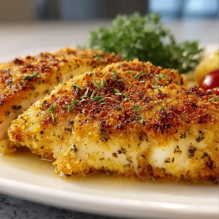 Crispy Parmesan Crusted Chicken garnished with herbs on a plate