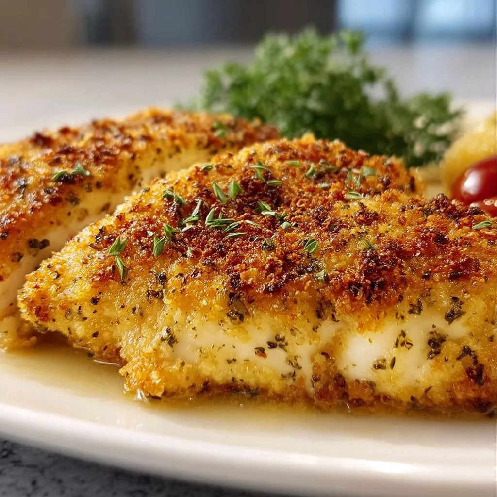 Crispy Parmesan Crusted Chicken garnished with herbs on a plate