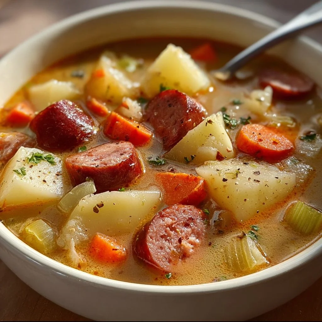 Crockpot Potato Sausage Soup with potatoes, sausage, and vegetables in a bowl
