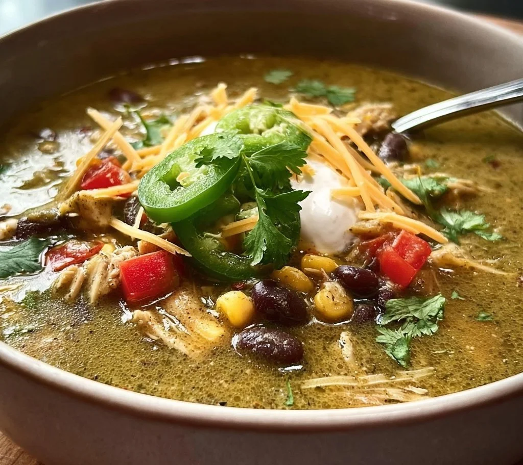 Bowl of deliciously easy green enchilada soup topped with cilantro and avocado.