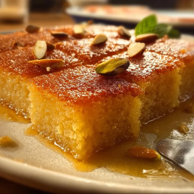 A slice of easy Basbousa topped with almonds on a white plate.