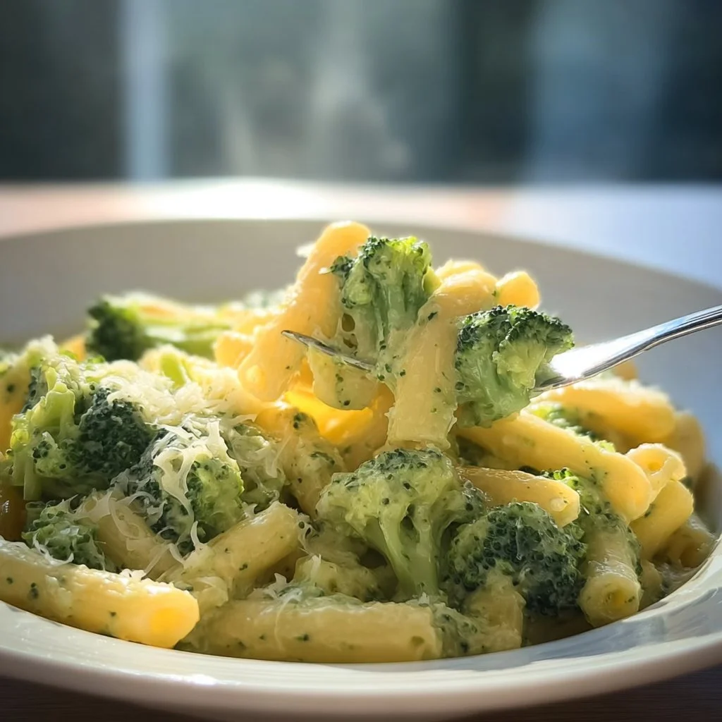 Bowl of easy broccoli cheese pasta with creamy sauce and fresh broccoli