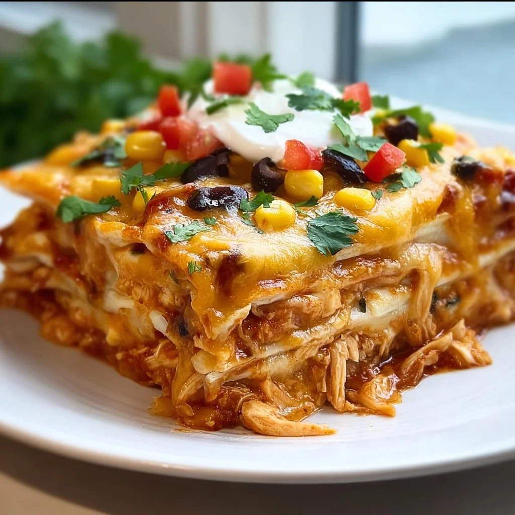 Easy chicken enchilada casserole baked with cheese and tortillas