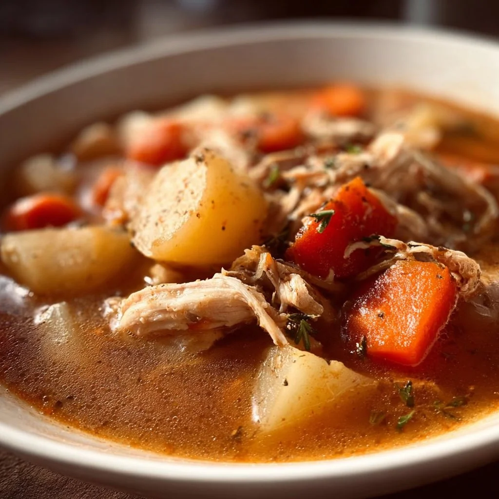 Bowl of easy chicken stew with vegetables and herbs