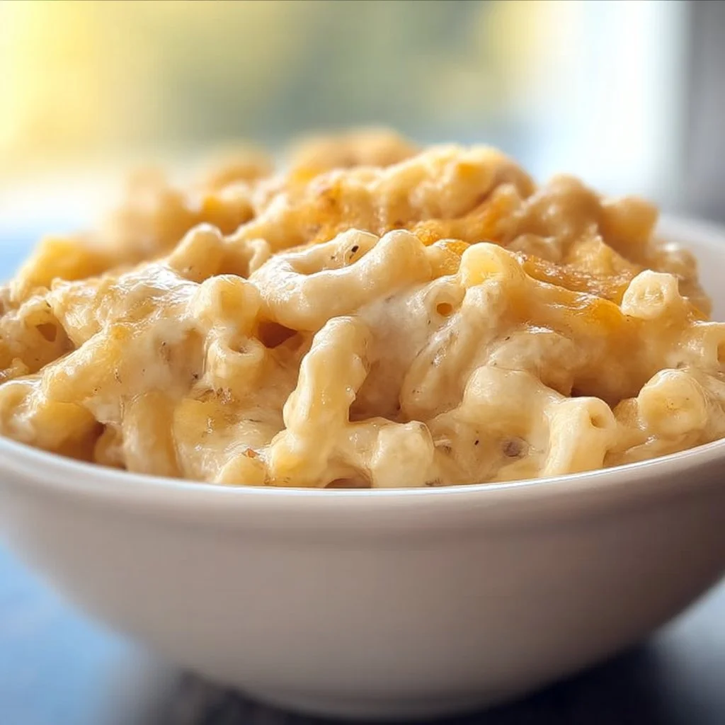 Bowl of easy low calorie mac and cheese topped with herbs