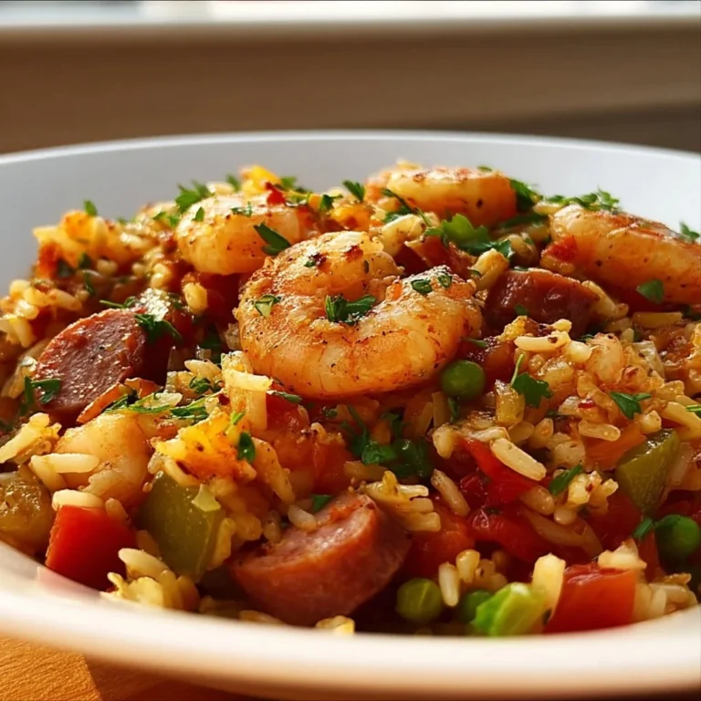 Delicious Easy One-Pan Jambalaya featuring rice, shrimp, and spices.