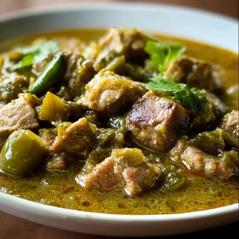 Bowl of easy pork green chile topped with fresh cilantro and jalapeños
