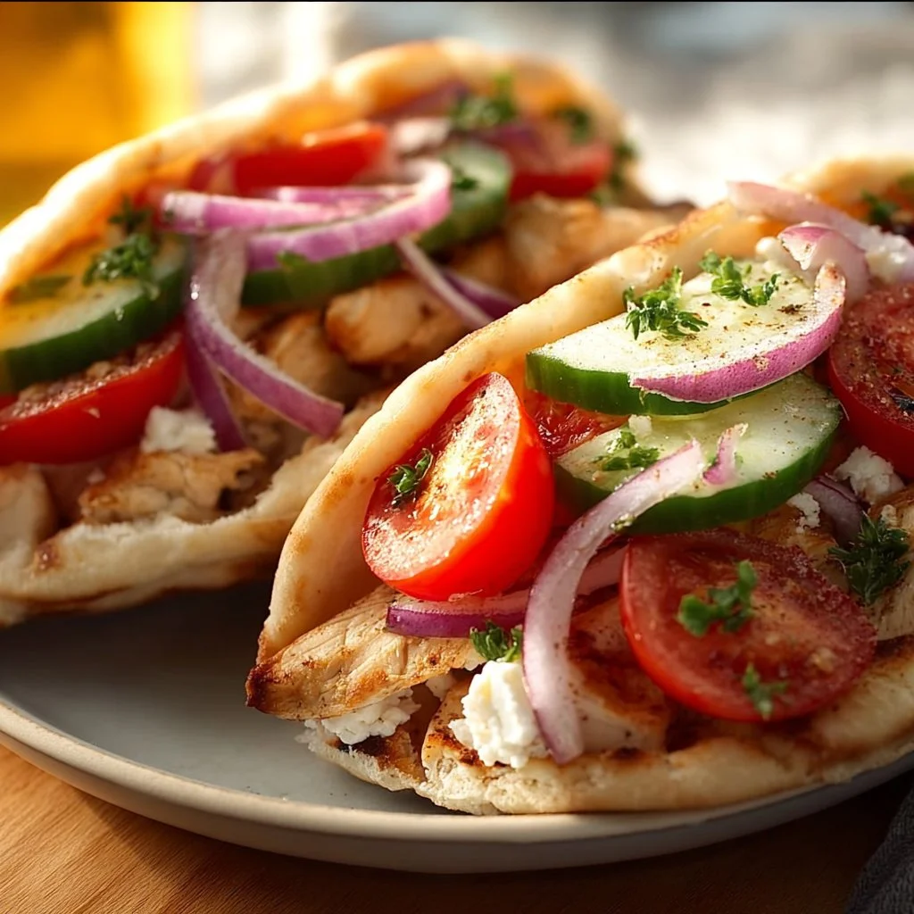 Easy sheet pan chicken pitas served on a wooden table with fresh ingredients