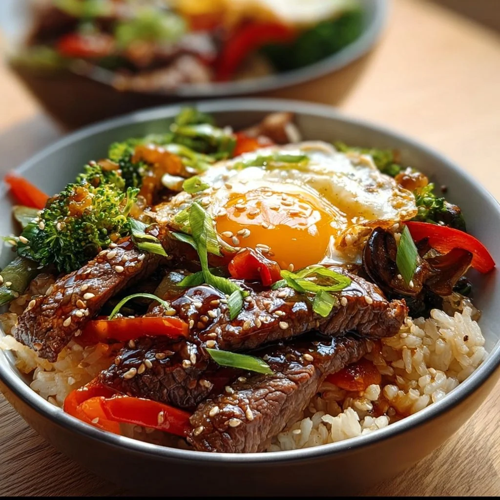 Delicious easy steak rice bowls topped with fresh vegetables and sauces