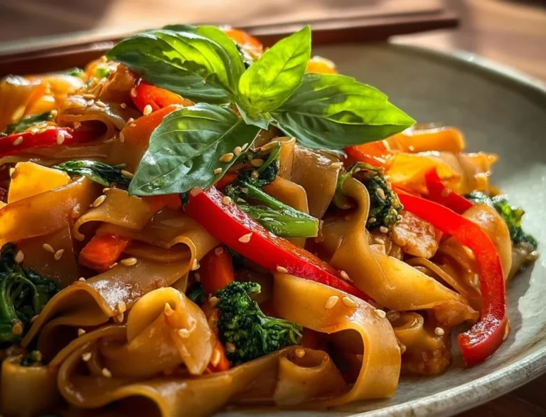 Plate of easy Thai Drunken Noodles garnished with vegetables and herbs