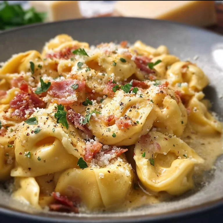 Delicious easy Tortellini Carbonara dish garnished with parsley