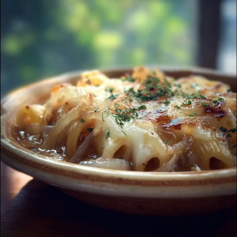 Delicious bowl of French onion pasta soup with melted cheese and herbs