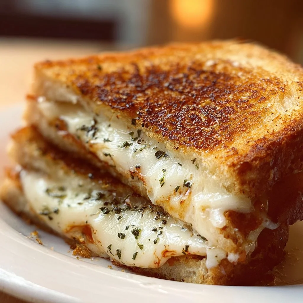 Garlic bread grilled cheese sandwich with melted cheese and golden crust