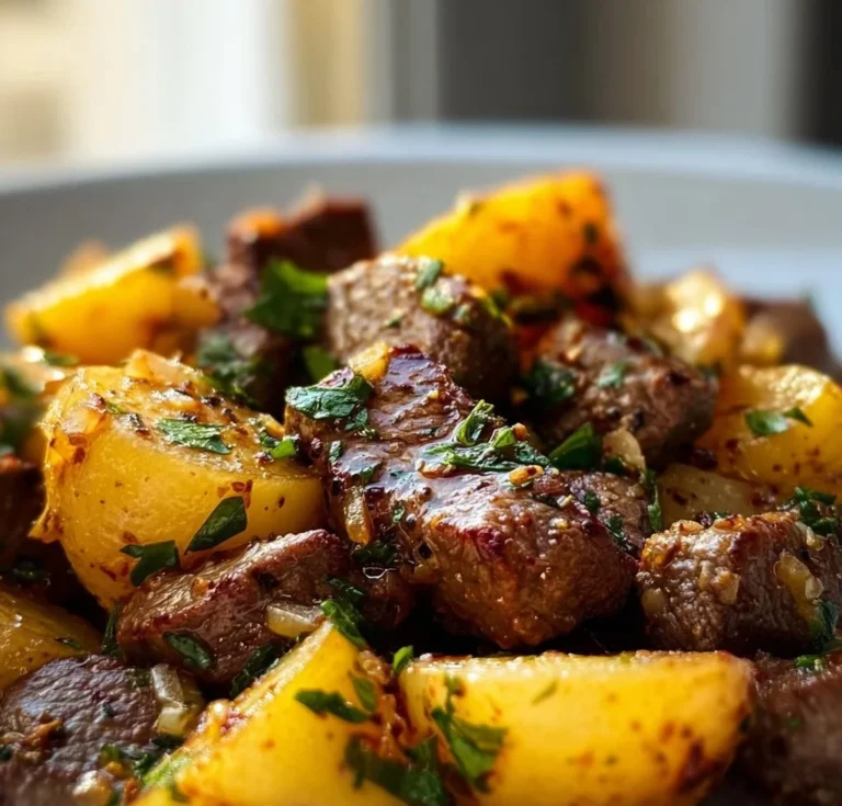 Delicious Garlic Butter Beef and Potatoes plated for a homemade dinner