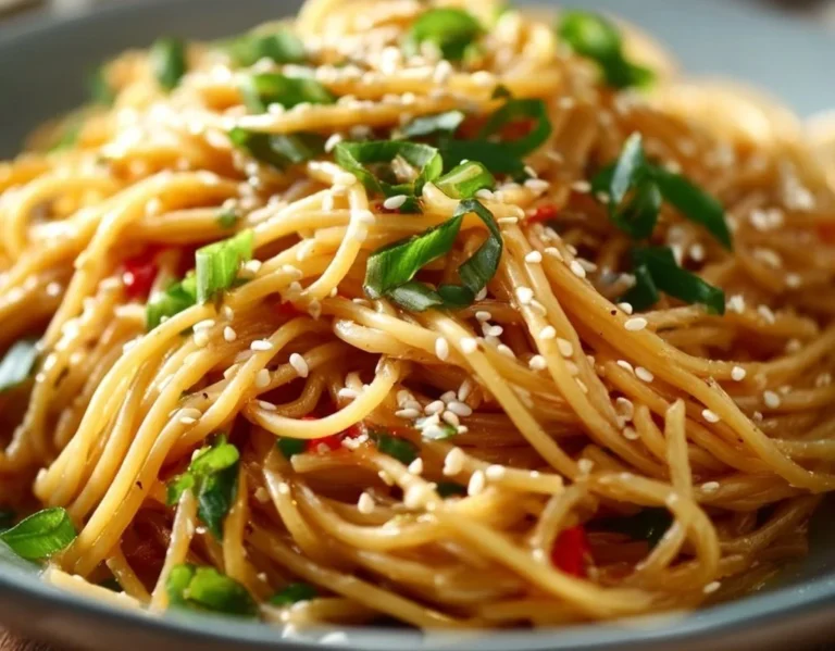 A bowl of Garlic Sesame Noodles garnished with sesame seeds and green onions