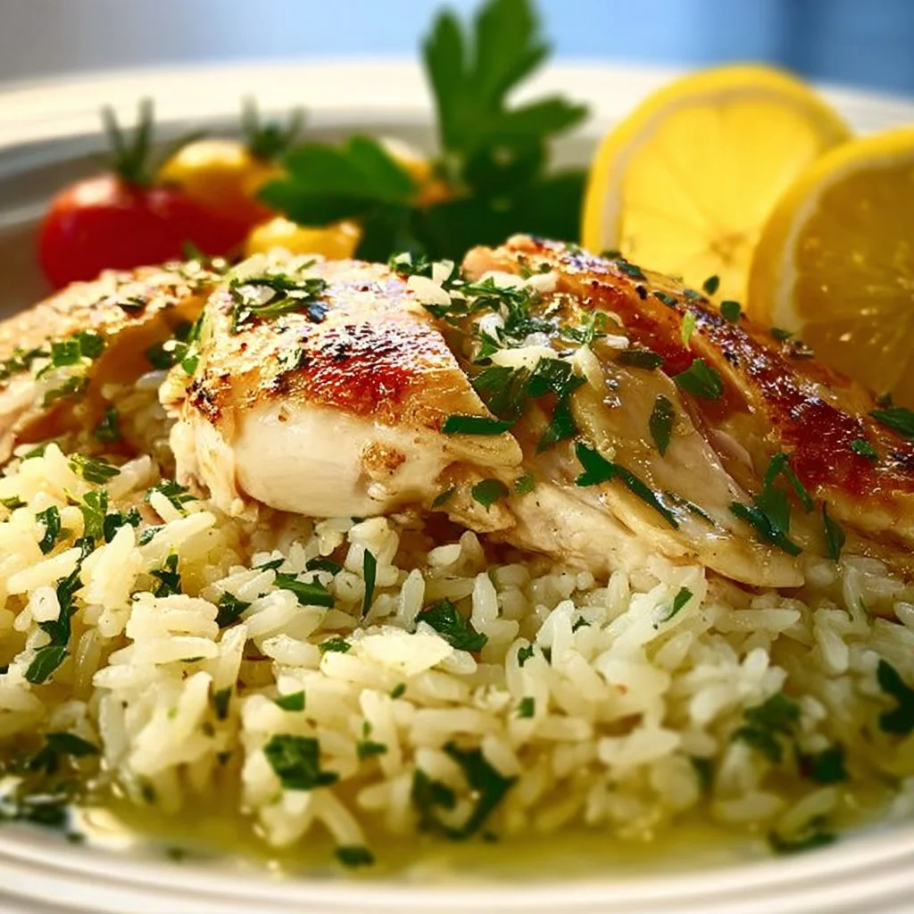 Plate of Greek Chicken Lemon Rice garnished with fresh herbs and lemon wedges