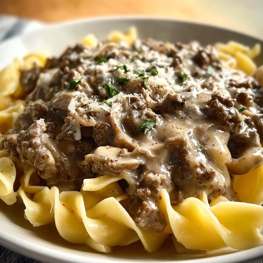 Creamy ground beef stroganoff served in a bowl with noodles and herbs.