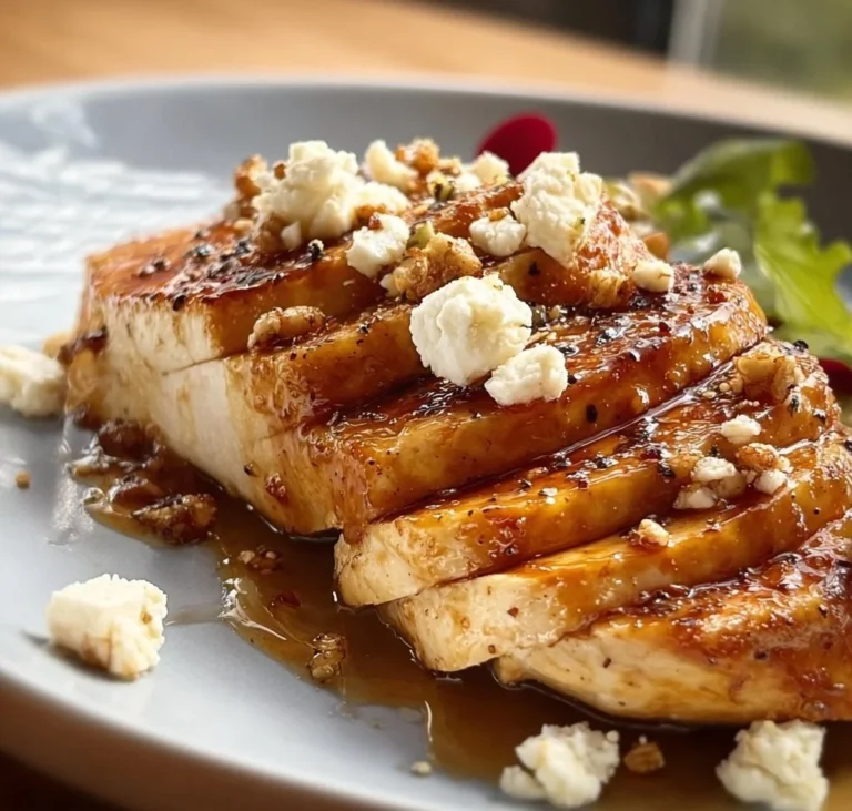 Hot honey feta chicken served on a plate with garnishes