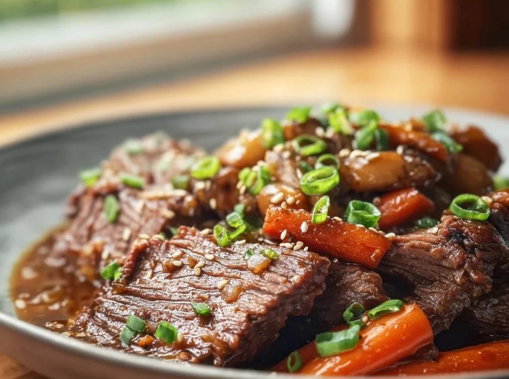 Delicious Korean Pot Roast served with sides, showcasing tender beef and flavorful sauce.