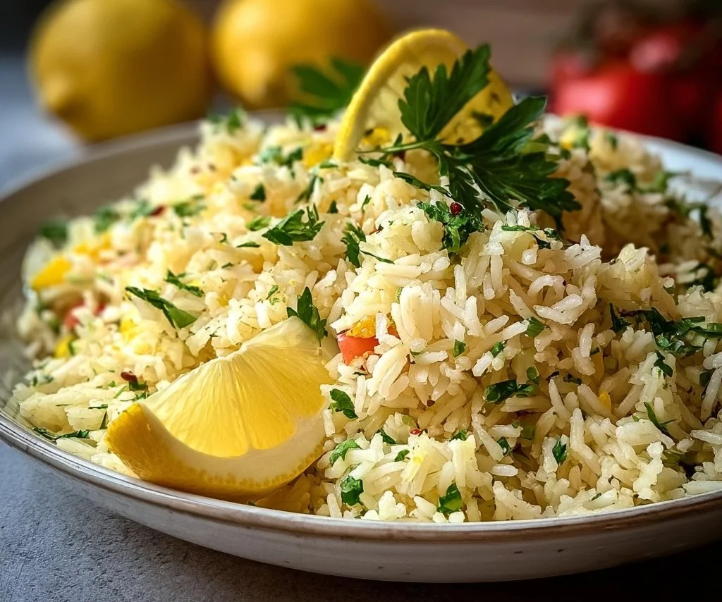 Bowl of Mediterranean Lemon Rice garnished with herbs and lemon slices