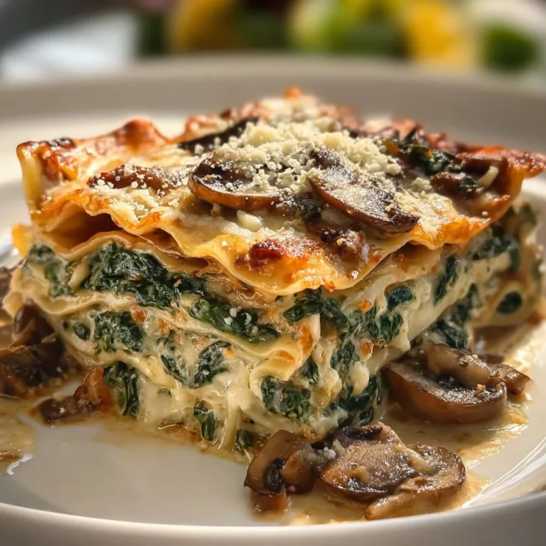 Delicious mushroom spinach lasagna served in a dish