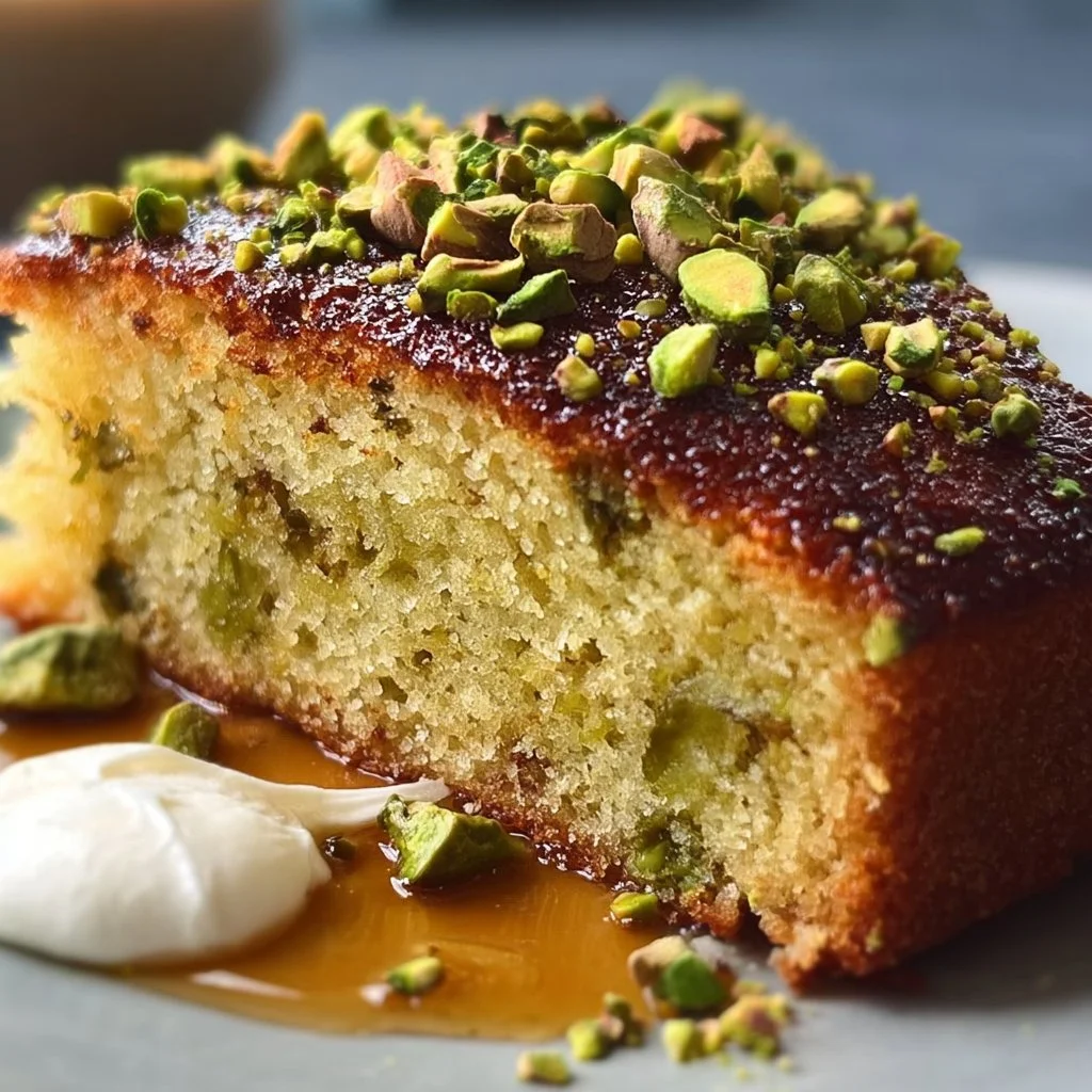 A slice of delicious pistachio yogurt cake with nuts and yogurt topping.