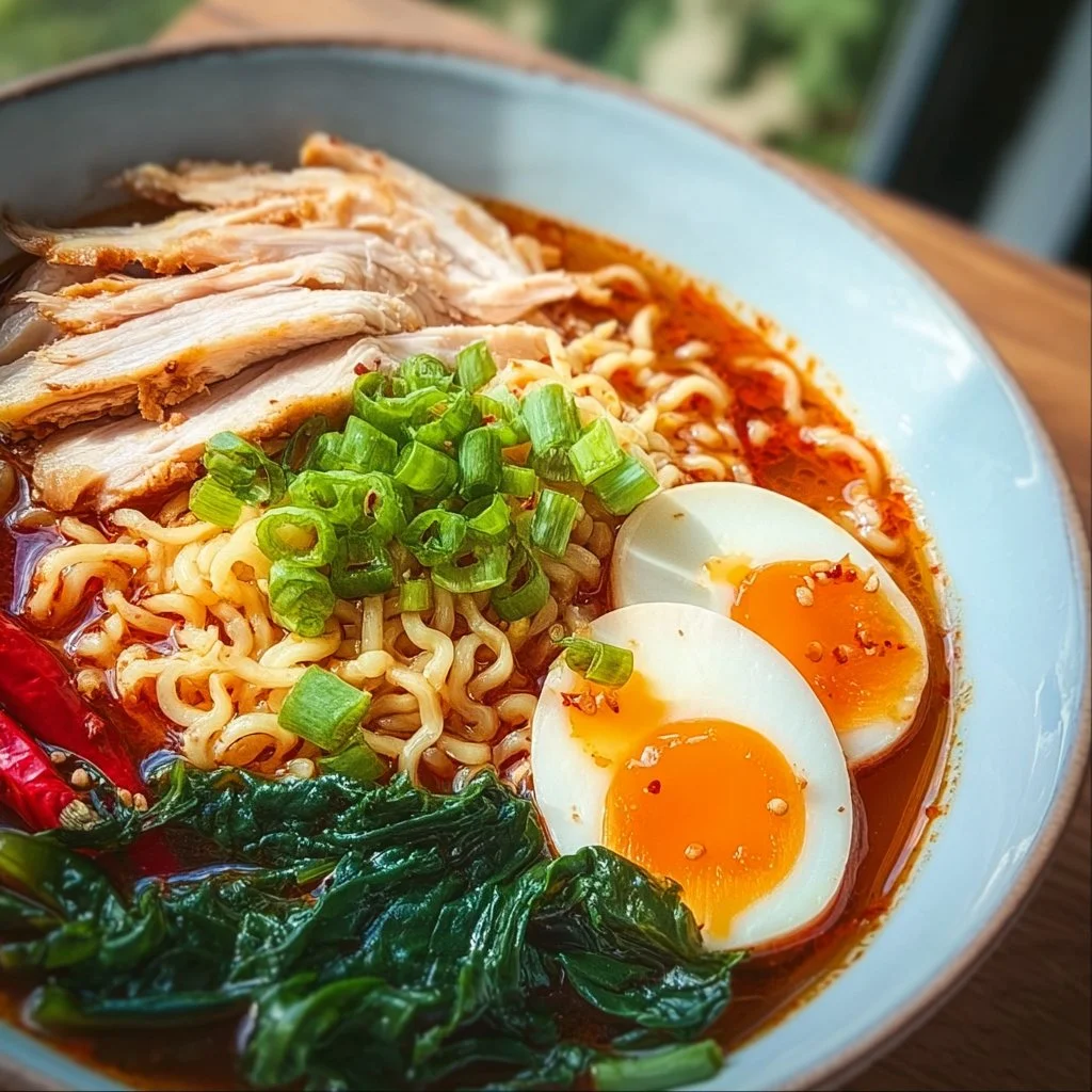 Bowl of spicy chicken ramen topped with herbs and chili peppers.
