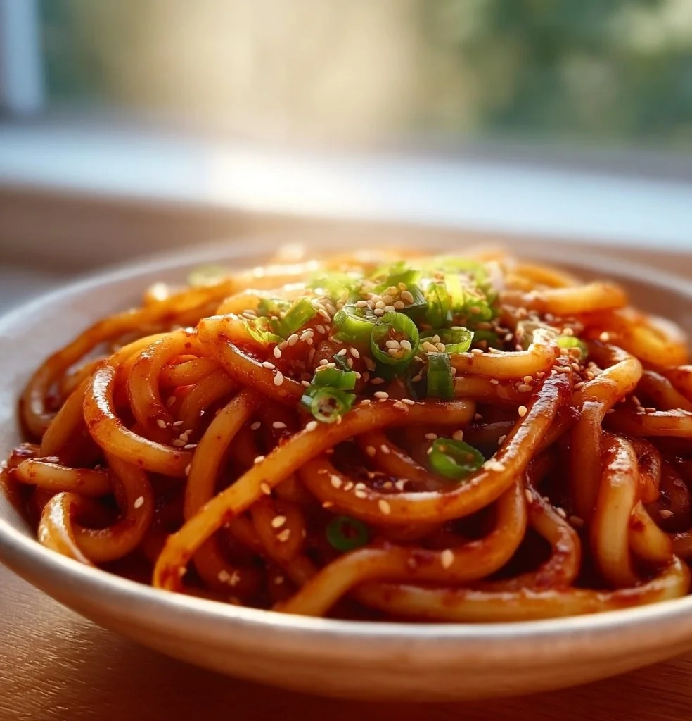 Bowl of spicy Gochujang Udon noodles garnished with vegetables and sesame seeds.
