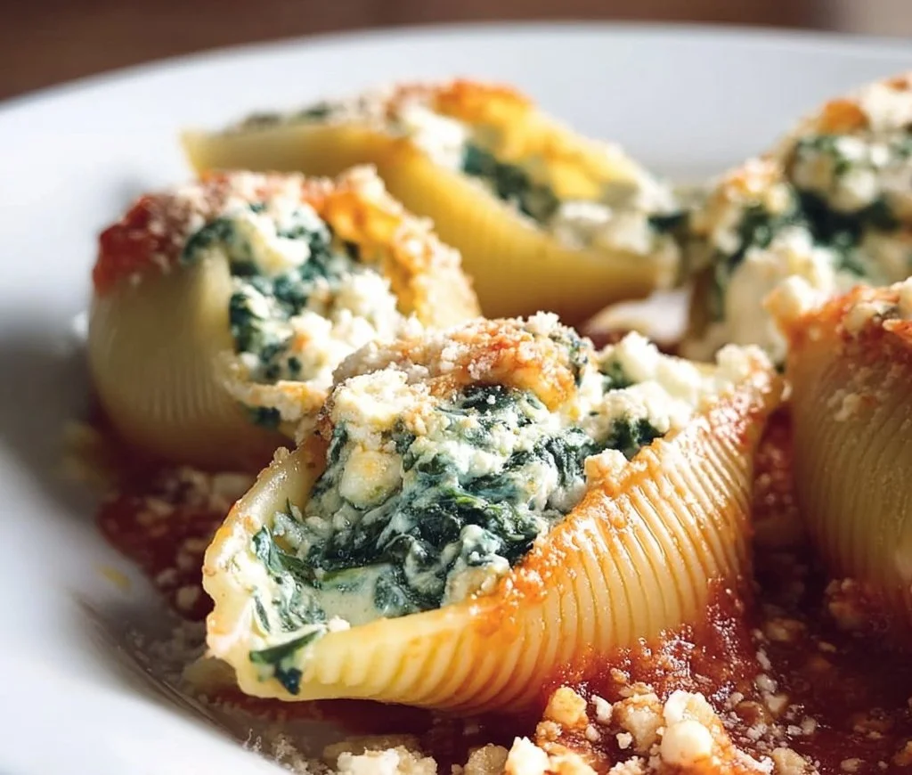 Delicious spinach ricotta stuffed shells topped with marinara sauce.